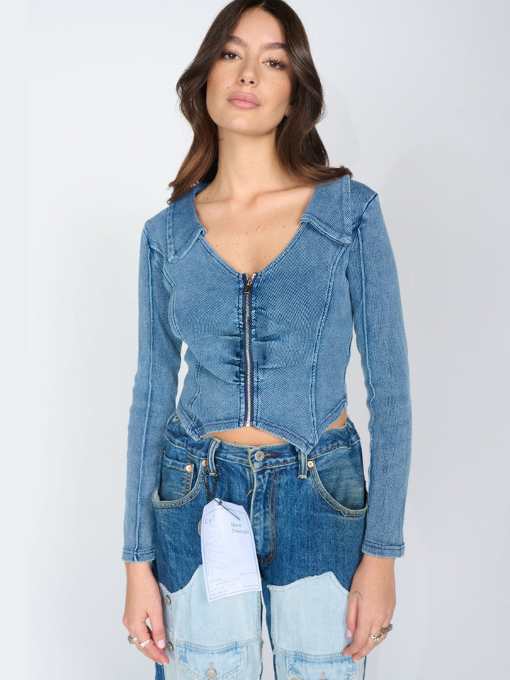 Damen tailliertes Jeansjacke mit Reißverschluss Drune
