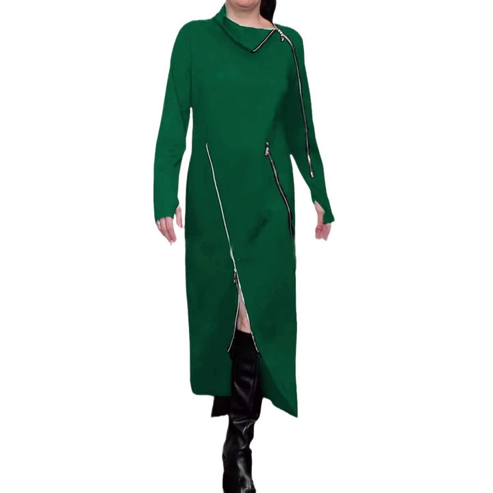 Damen nan langes Strickkleid mit asymmetrischen Metallreißverschlüssen und Frontschlitz Drune