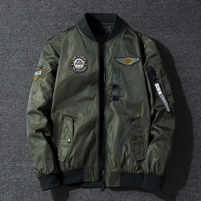 Men's  vintage aviation patch lightweight flight bomber jacket with ribbed collar and zip sleeve pocket Drune
