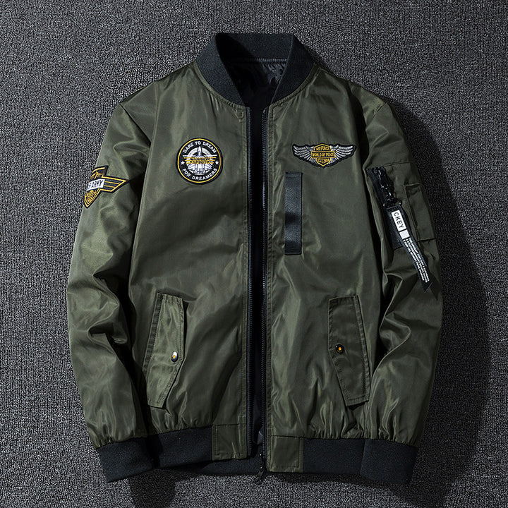 Men's  vintage aviation patch lightweight flight bomber jacket with ribbed collar and zip sleeve pocket Drune