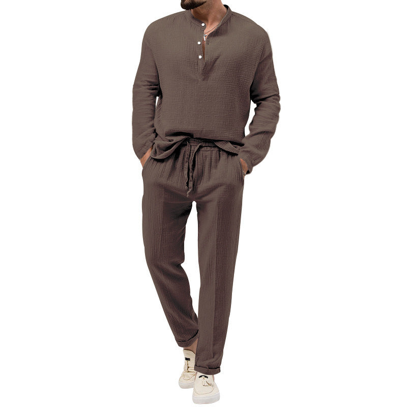 Herren Lässiges Zweiteiliges Lounge-Set aus Baumwoll-Gauze mit Henley-Oberteil und Tunnelzug-Hose Drune