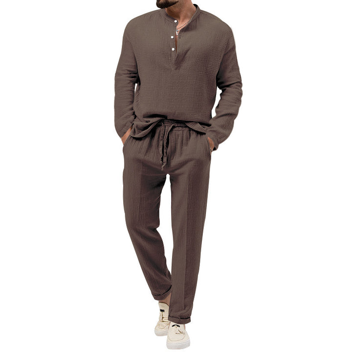 Herren Lässiges Zweiteiliges Lounge-Set aus Baumwoll-Gauze mit Henley-Oberteil und Tunnelzug-Hose Drune