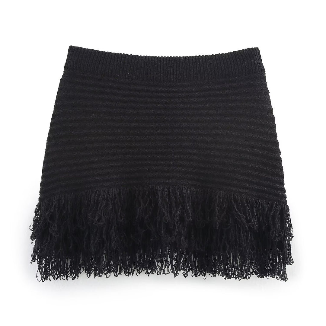 Damen Kurzarm-Strickjacke mit fransigem Saum und dekorativen Knöpfen Drune