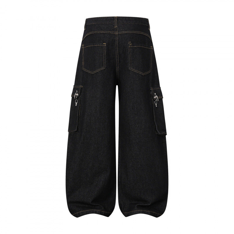 Damen Ballonförmige Cargo-Jeans mit hoher Taille, weitem Bein und aufgesetzten Klappentaschen Drune