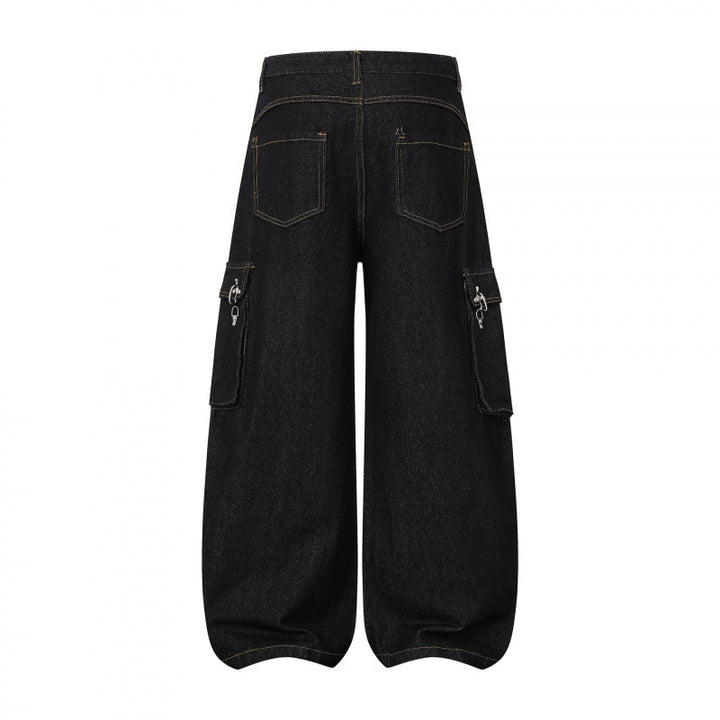 Damen Ballonförmige Cargo-Jeans mit hoher Taille, weitem Bein und aufgesetzten Klappentaschen Drune