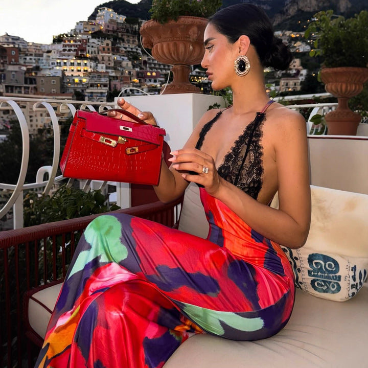 Damen figurbetontes Maxikleid mit floralem Muster und Spitze Drune