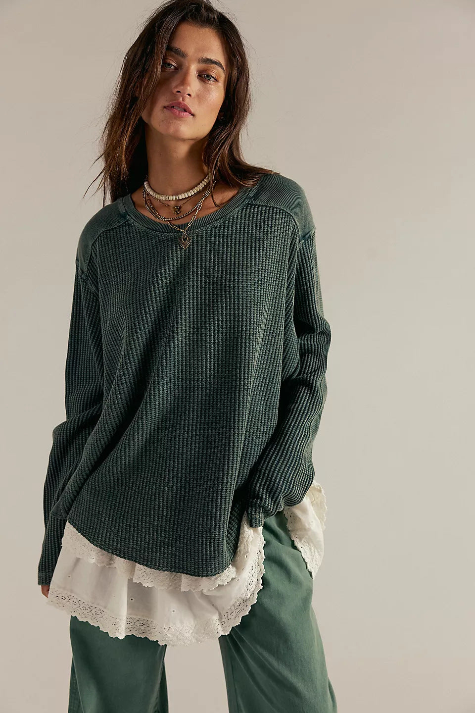 Damen Oversized Waffelstrick-Pullover mit weitem Schnitt und tiefem Raglan Drune