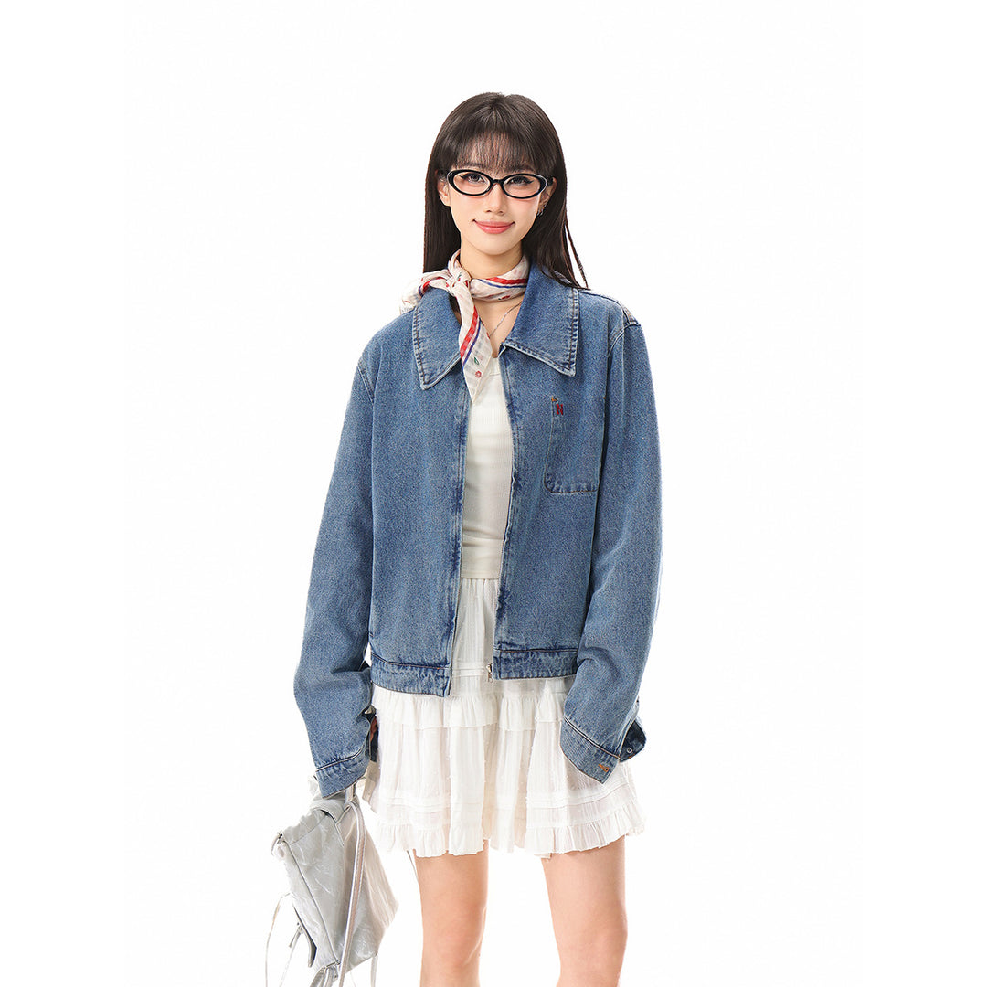 Damen Kurze Oversize-Denimjacke mit durchgehendem Reißverschluss und Brusttasche Drune