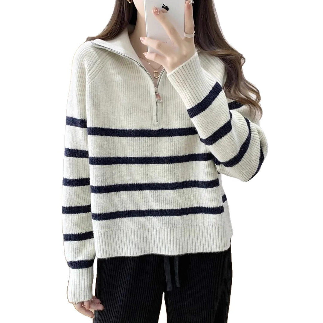 Damen gemütlicher Strickpullover mit Halbzipper Drune
