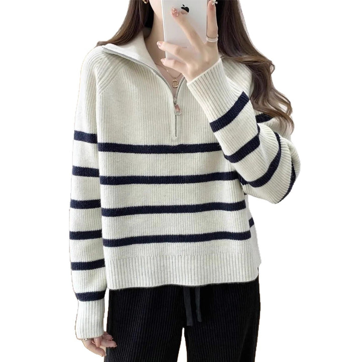 Damen gemütlicher Strickpullover mit Halbzipper Drune