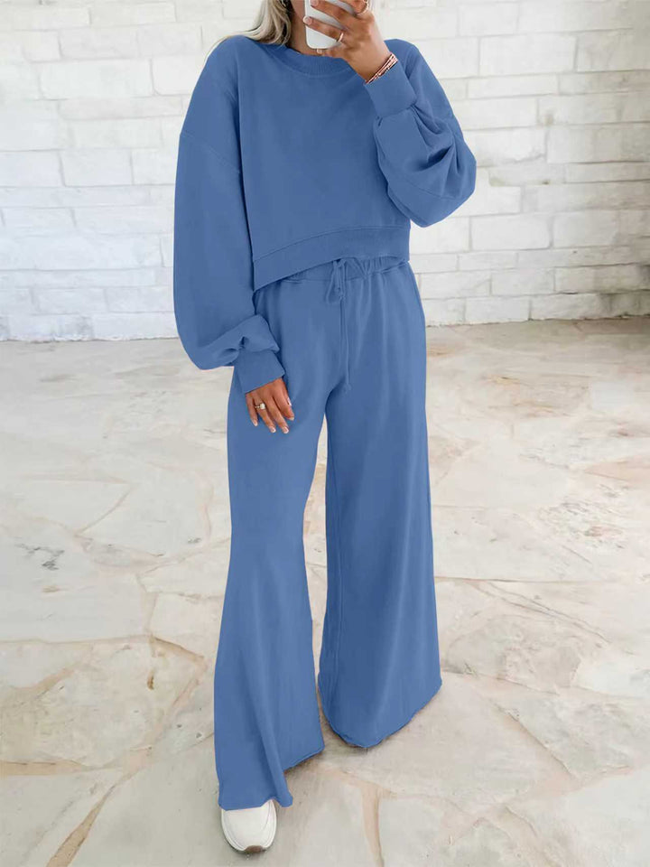 Damen Kurzpullover- und Palazzohose Lounge-Set mit Ballonärmeln Drune