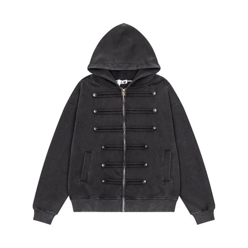 Damen Kapuzen-Sweatjacke mit dekorischer Doppelknopfleiste und Reißverschluss Drune