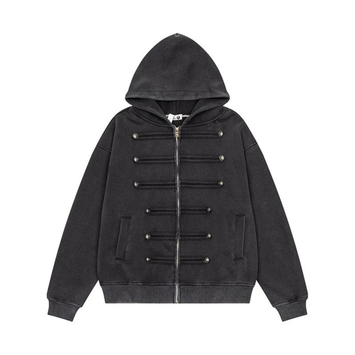 Damen Kapuzen-Sweatjacke mit dekorischer Doppelknopfleiste und Reißverschluss Drune