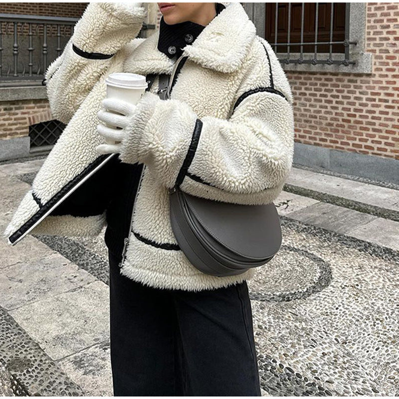 Damen gemütliche Teddy-Fleecejacke mit schickem Kragen Drune