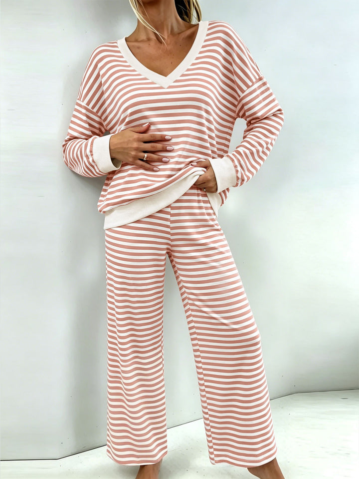 Damen Maritimes Zweiteiler mit V-Ausschnitt, Oversize-Pullover und Palazzo‑Hose Drune