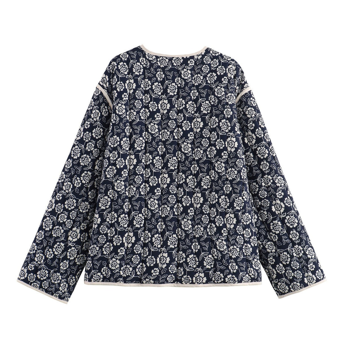 Damen gesteppte Jacke mit floralem Allover, V-Ausschnitt, Kontrastpaspel und aufgesetzten Taschen Drune