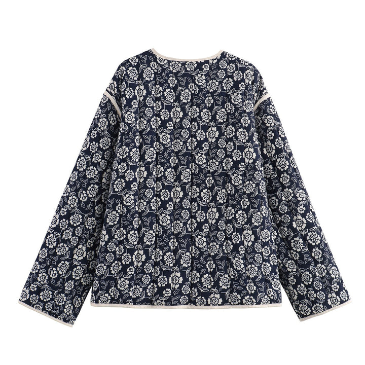 Damen gesteppte Jacke mit floralem Allover, V-Ausschnitt, Kontrastpaspel und aufgesetzten Taschen Drune