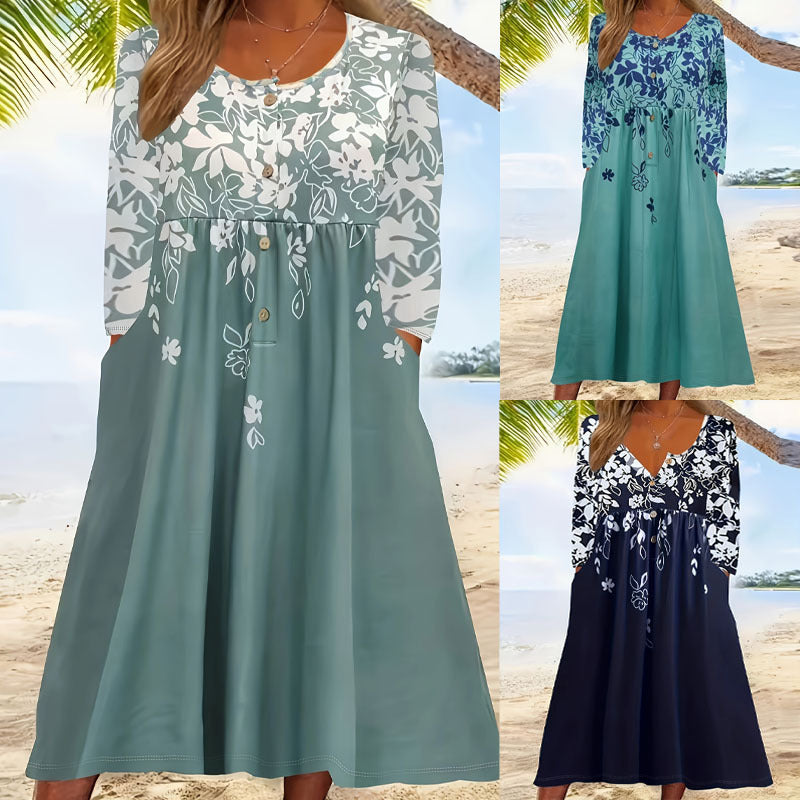 Damen Maxikleid mit V-Ausschnitt, Blumenprint, Knopfleiste und Eingrifftaschen Drune