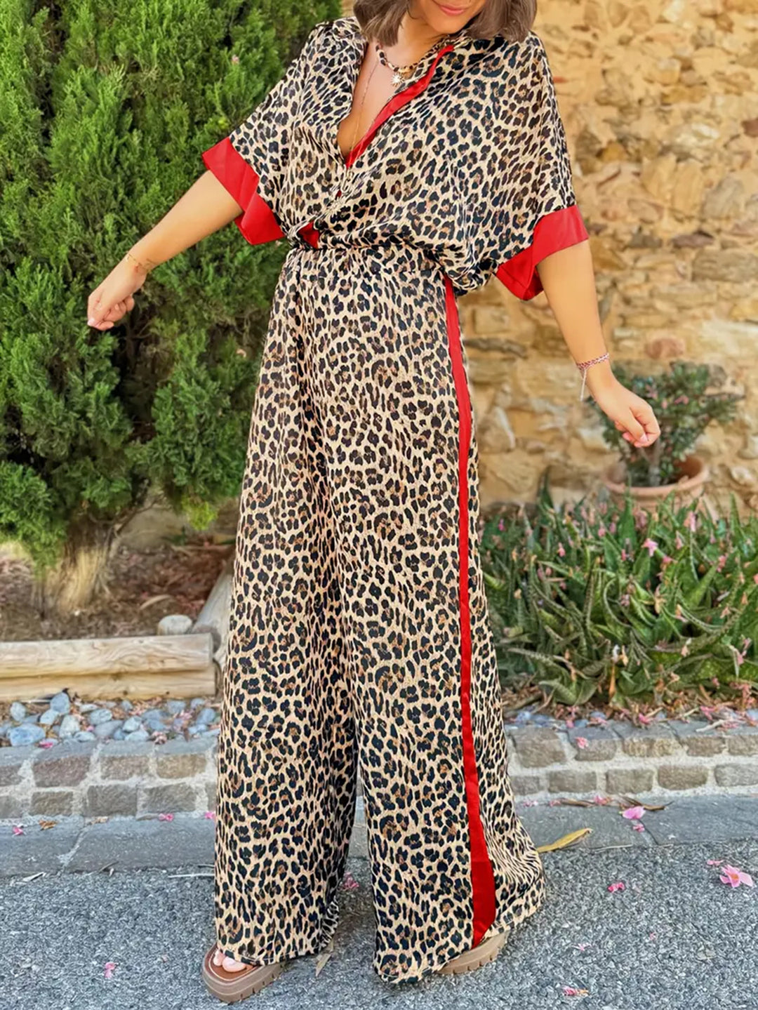Damen elegante und bequeme Leinen-Jumpsuit mit Leopardenmuster und Kontraststreifen Drune