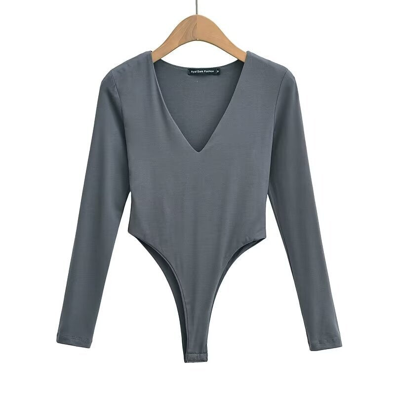 Damen figurbetontes Langarmbodysuit mit tiefem V-Ausschnitt Drune