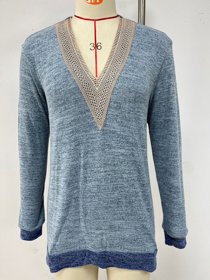 Damen Viskose Pullover mit verspieltem V-Ausschnitt und feinen Häkelakzenten Drune