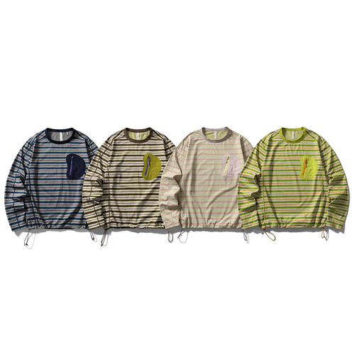 Unisex Langärmliges Gestreiftes Performance-Sweatshirt mit Brust-Reißverschlusstasche und Tunnelzug Drune