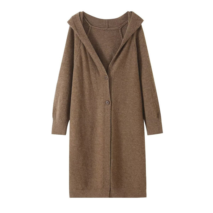 Damen Longline Strickcardigan mit Kapuze, Feinstrick und Knopfverschluss Drune