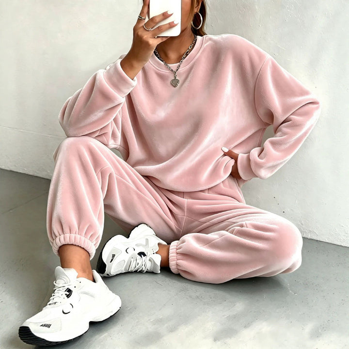 Damen Kuscheliges Velours-Lounge-Set mit Oversize-Sweatshirt und Joggerhose Drune