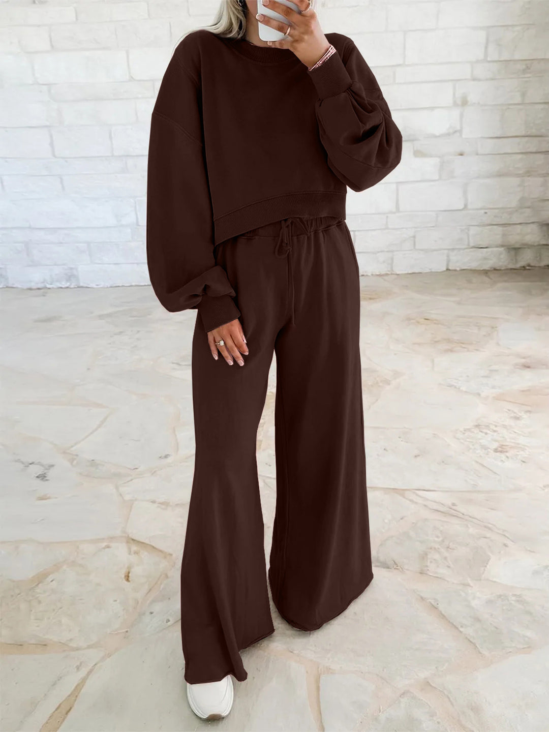 Damen Kurzpullover- und Palazzohose Lounge-Set mit Ballonärmeln Drune