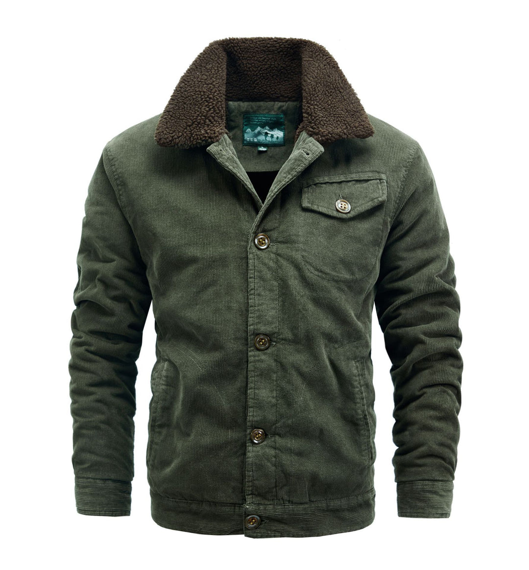 Herren Cord-Truckerjacke mit durchgehendem Sherpa‑Futter und Hemdkragen Drune