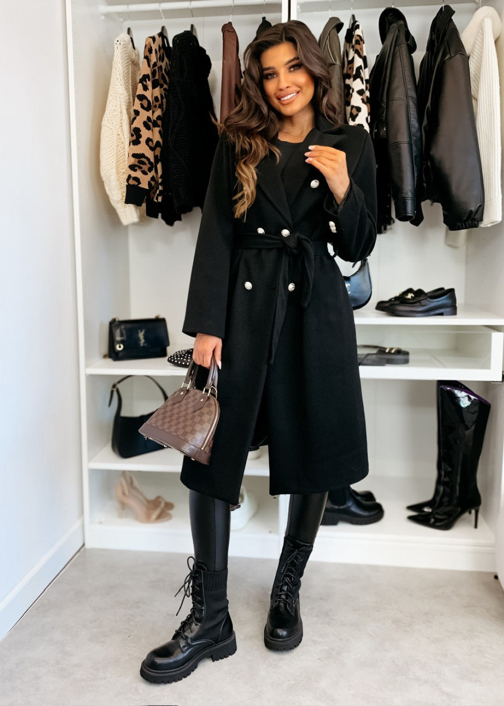 Damen eleganter Knielanger Trenchcoat mit Gürtel und doppelter Knopfleiste Drune