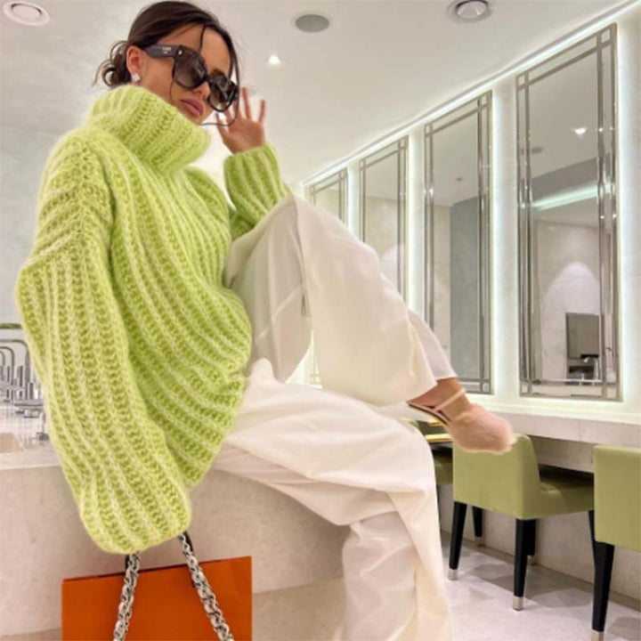 Damen Oversize-Pullover mit hohem Kragen und strukturiertem Zopfstrick Drune
