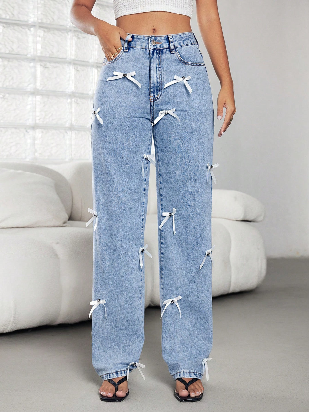 Damen weite Jeans mit dekorativen Schleifen und Knopfdetails Drune