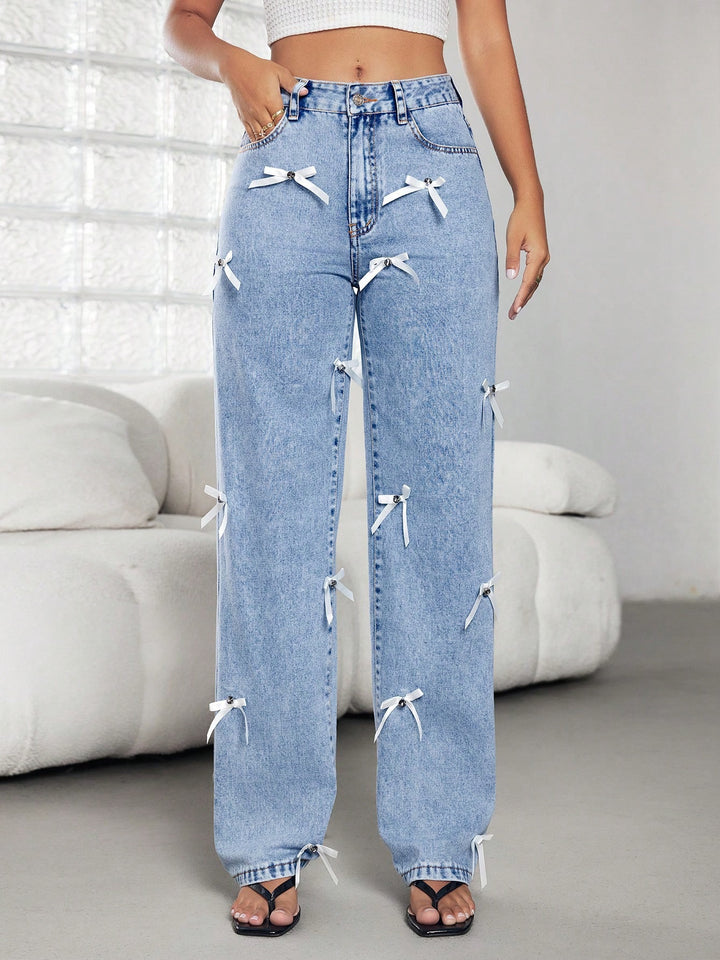 Damen weite Jeans mit dekorativen Schleifen und Knopfdetails Drune