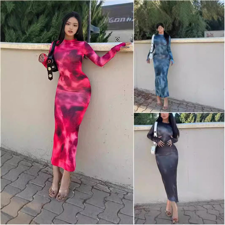 Damen figurbetontes Maxikleid mit langem Arm und modernem Batikmuster Drune