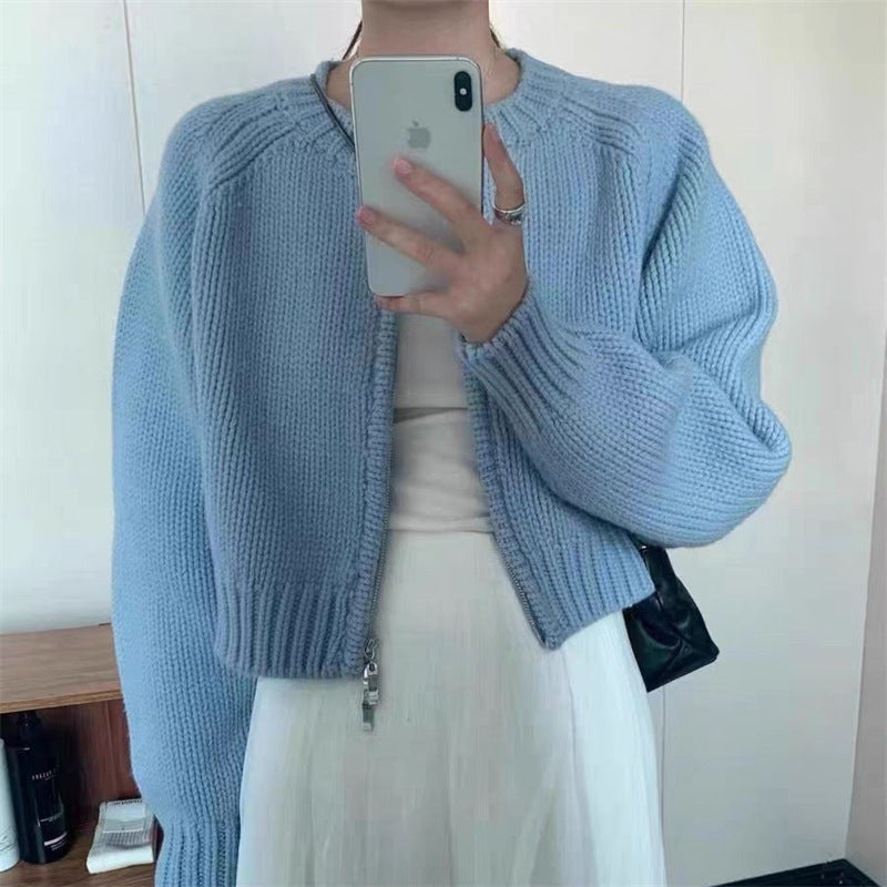 Damen lässige Strickjacke mit hochgeschlossenem Kragen und Reißverschluss Drune