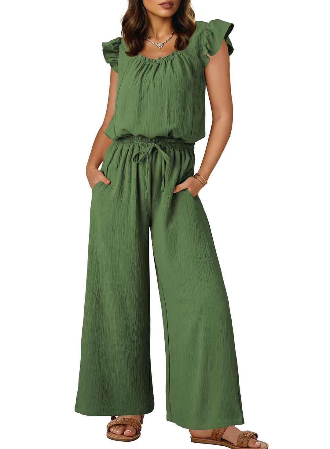 Damen Crinkle-Overall mit weitem Bein, elastischem Taillenbund und Rüschenärmeln Drune