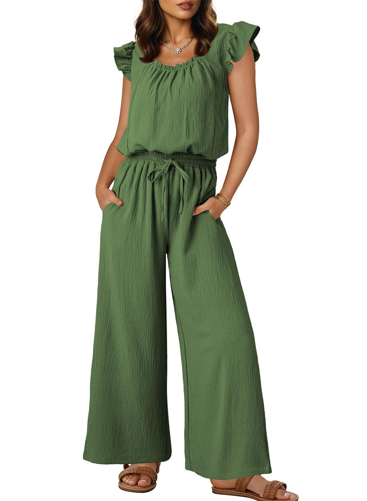 Damen Crinkle-Overall mit weitem Bein, elastischem Taillenbund und Rüschenärmeln Drune