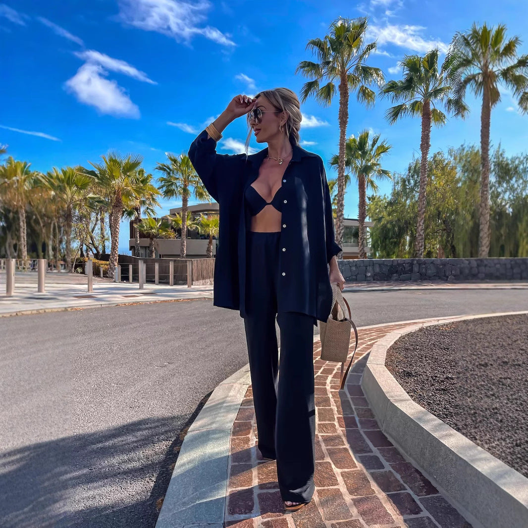 Damen legeres Leinen-Lounge-Set mit Hemdjacke im Oversize-Schnitt und weitem Bundfaltenhose Drune