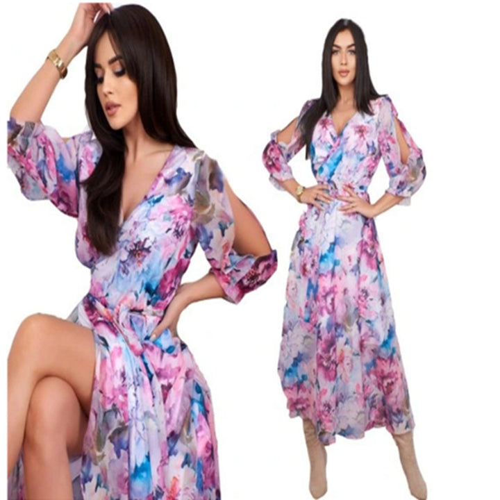 Damen Langes Maxi-Kleid mit floralem Schnitt und raffinierten Ärmeln Drune