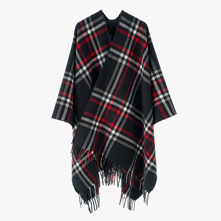 Damen Oversize-Karo-Capeponcho aus Wollmix mit V-Ausschnitt und Fransensaum Drune