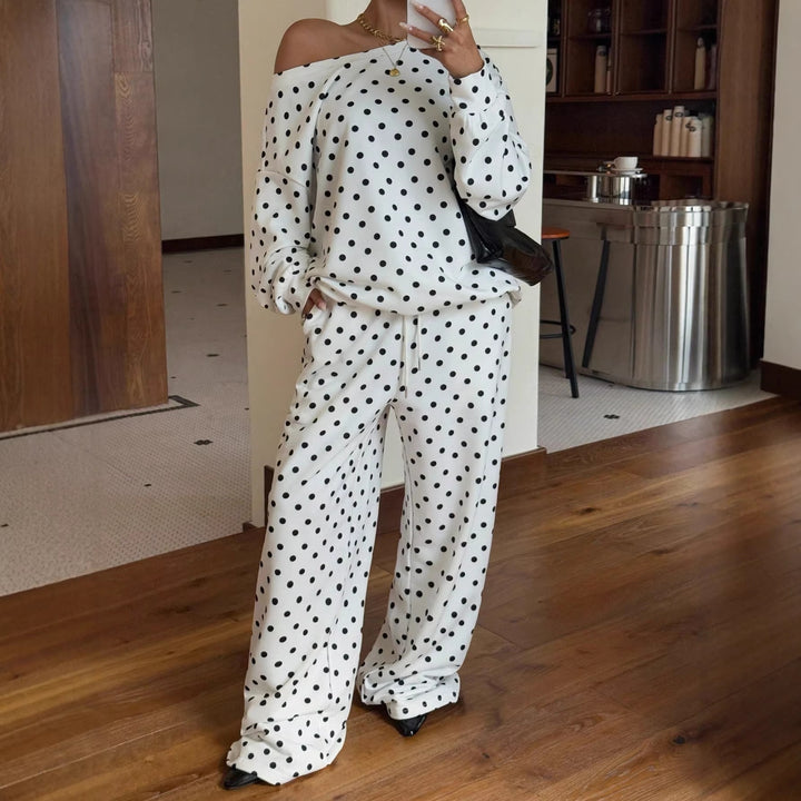 Damen Gepunktetes Zweiteiliges Lounge-Set mit weitem Boatneck und weiten Palazzo-Hosen Drune