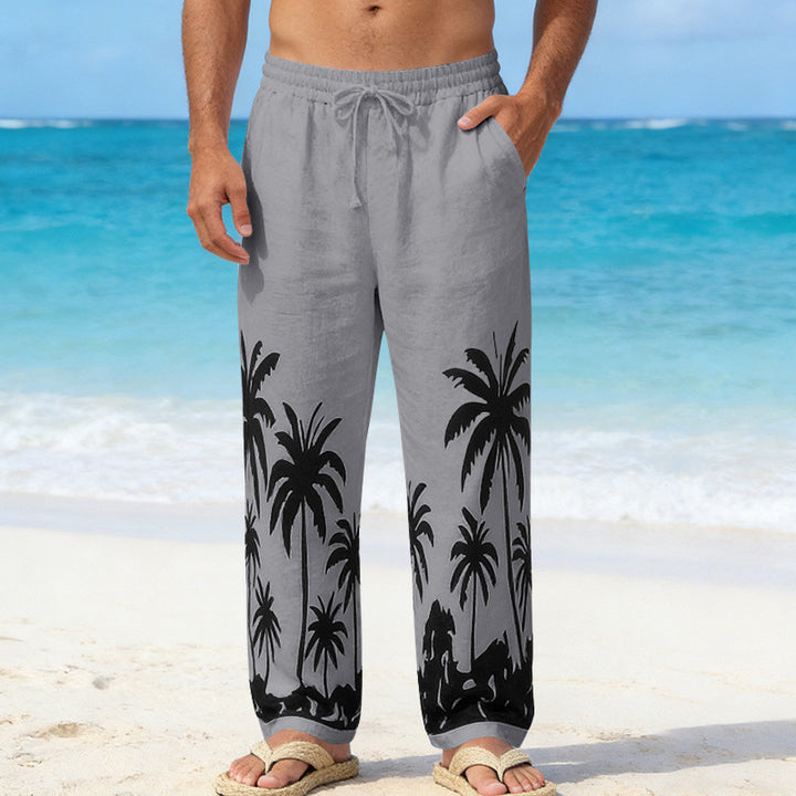 Herren Leinenoptik-Strandhose mit Palmenprint Relaxed-Fit und Kordelzug Drune