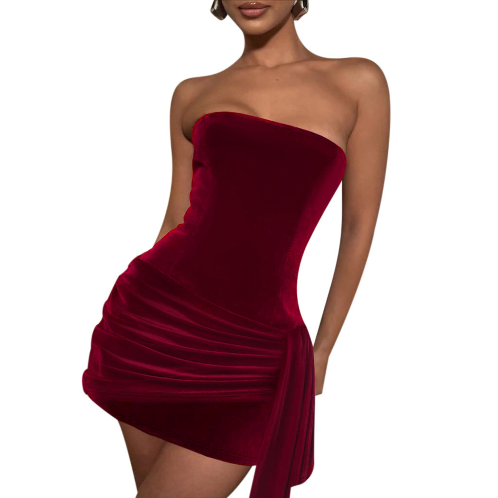 Damen elegantes Minikleid mit asymmetrischen Rüschendetails und schulterfreiem Design Drune