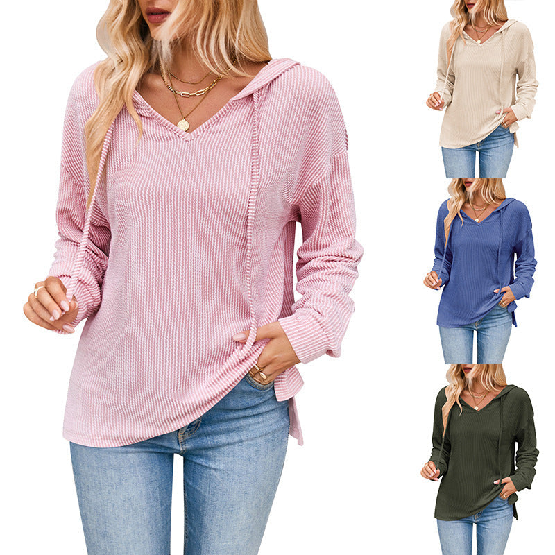Damen lässiger Sweater mit V-Ausschnitt und Kordelzug Drune