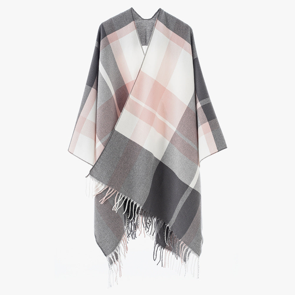 Damen Oversize-Karoponcho aus weichem Wollmix mit Fransensaum Drune