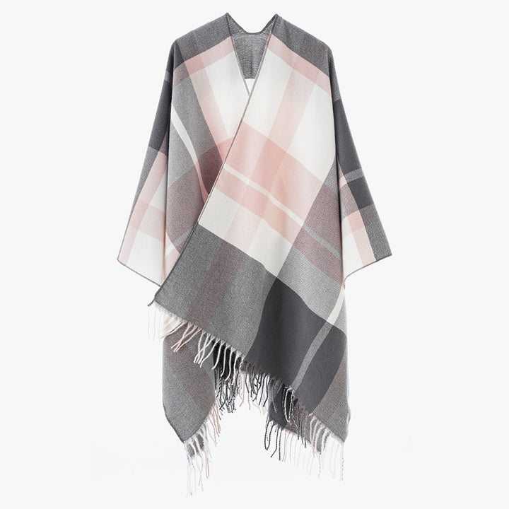 Damen Oversize-Karoponcho aus weichem Wollmix mit Fransensaum Drune