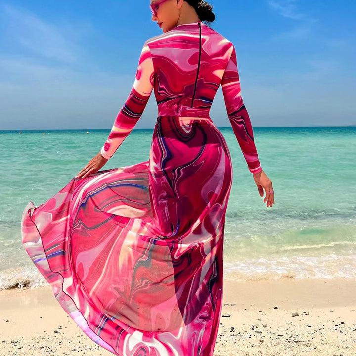 Damen Elegantes Maxi-Kleid mit Wickelgürtel Drune