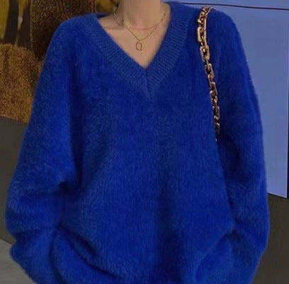 Damen Flauschiger V-Ausschnitt Pullover aus Mohair Drune