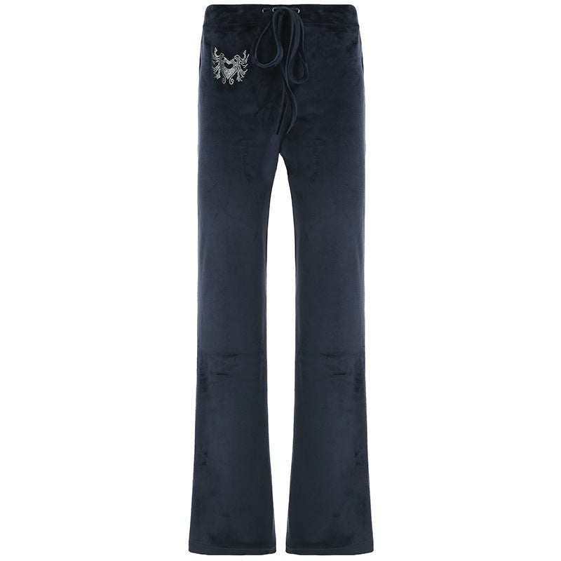 Damen Velours-Loungehose mit ausgestelltem Schlag, elastischem Tunnelzugbund und Hüftstickerei Drune